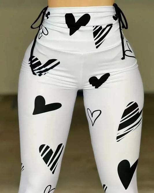 Leggings Women Long Pants Slim Fit Print Pant High Waist Drawstring