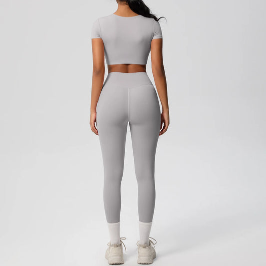 2Pcs Yoga Set Sports Suit Women Workout Short Sleeve