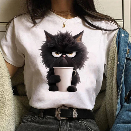 Funny Cat Women Summer White Print T-shirt Girl